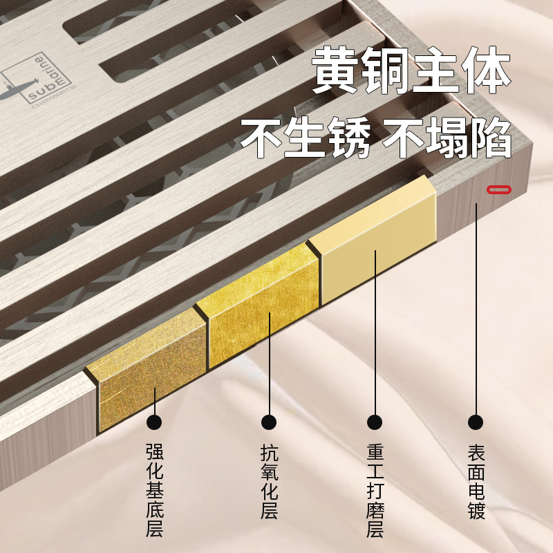 潜水艇地漏全铜拉丝卫生间洗衣机淋浴室防臭虫防反水味官方旗舰店-图1