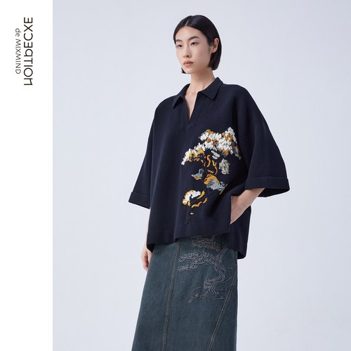 EXCEPTION例外女装春秋款毛针织衫手工绣花翻领设计七分袖毛衣女 - 图0