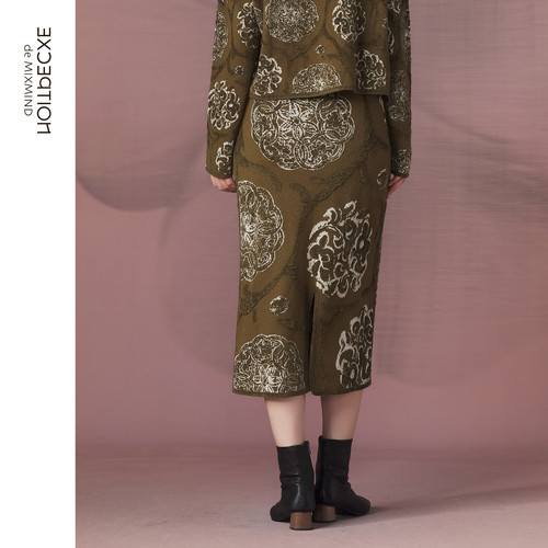 EXCEPTION例外女装2025冬季新品绵羊毛弹力撞色中式提花半身裙子 - 图1