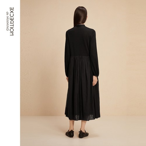 EXCEPTION例外女装羊毛连衣裙绣花抽绳褶皱设计POLO领宽松长裙子 - 图1