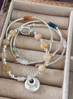 新中式小清新三层五彩石手链女S925纯银天然石平安锁手环叠戴组合