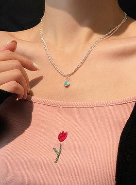 独特设计天河石双层米粒项链925纯银女蓝色圆吊坠锁骨链叠戴N796J