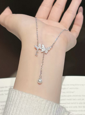 925银蝴蝶流苏珍珠锁骨链