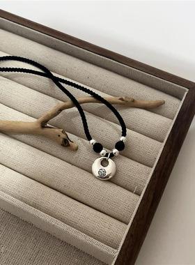 银瑞泰纯银黑绳小胖福平安锁项链