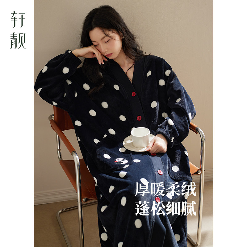 轩靓【抗静电】法兰绒睡袍女秋冬加绒加厚波点睡衣大码浴袍家居服,淘宝优惠券,粉丝福利购,淘宝优惠卷