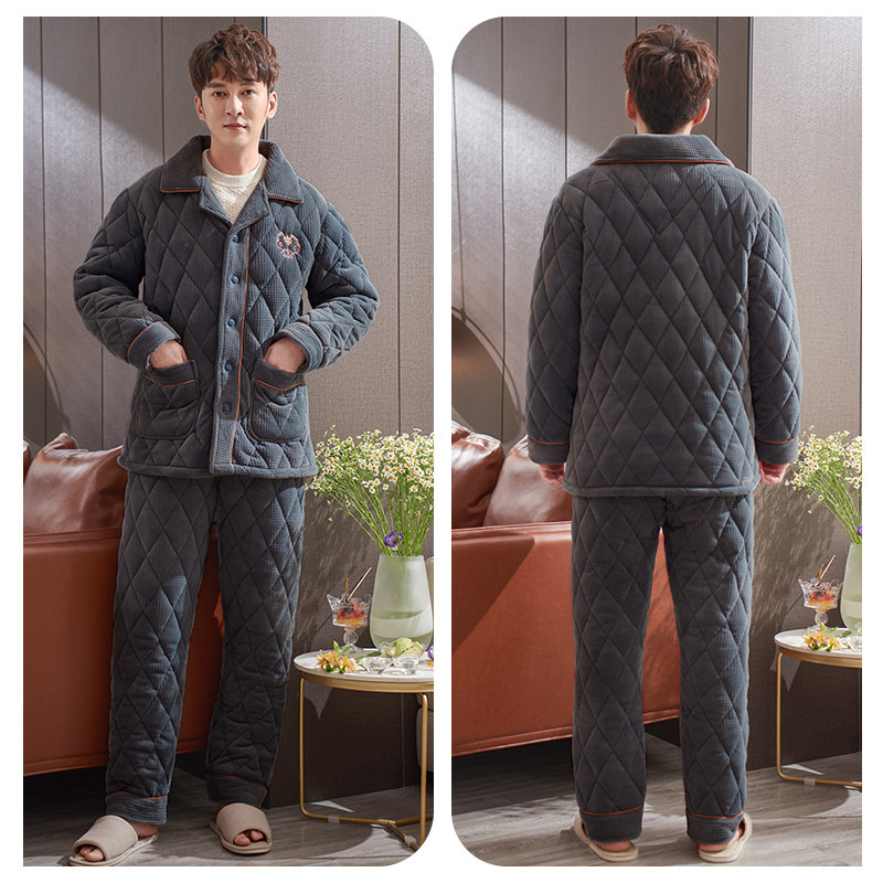 男士冬季加绒冬天三层夹棉袄睡衣 轩靓睡衣/家居服套装