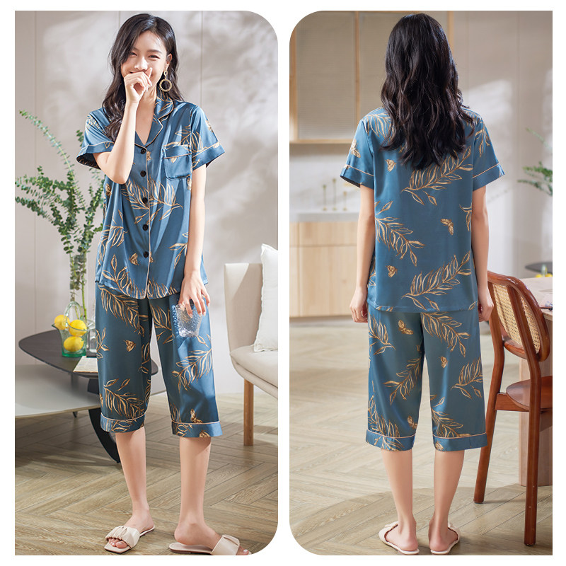 女士冰丝短袖七分裤开衫仿真睡衣 轩靓睡衣/家居服套装