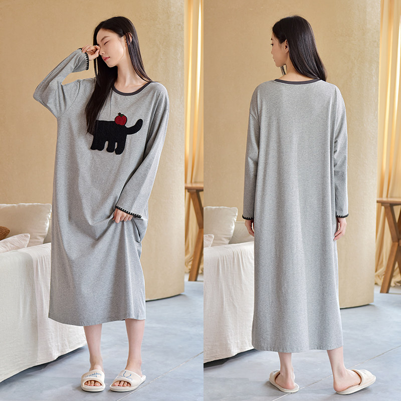 轩靓松弛睡裙女春秋季纯棉长袖超长裙休闲可外穿四季家居服连衣裙,淘宝优惠券,粉丝福利购,淘宝优惠卷