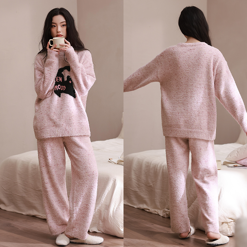 轩靓半边绒睡衣女秋冬加绒加厚珊瑚绒2025新款保暖小猫家居服套装 - 图3