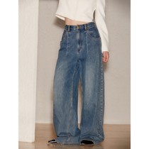 Denim Jeans High Waist Finish Pleats Design Trendy Handsome Yuppie Profile-Style Sensation Retro Denim Broadlegged Towering Pants