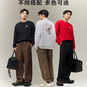 国风金线刺绣卡宾肌理印花卫衣男装春季新款重磅长袖上衣