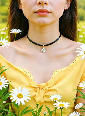 韩版清新白色小雏菊项链女锁骨链仙气简约气质短款颈带黑皮绳颈链