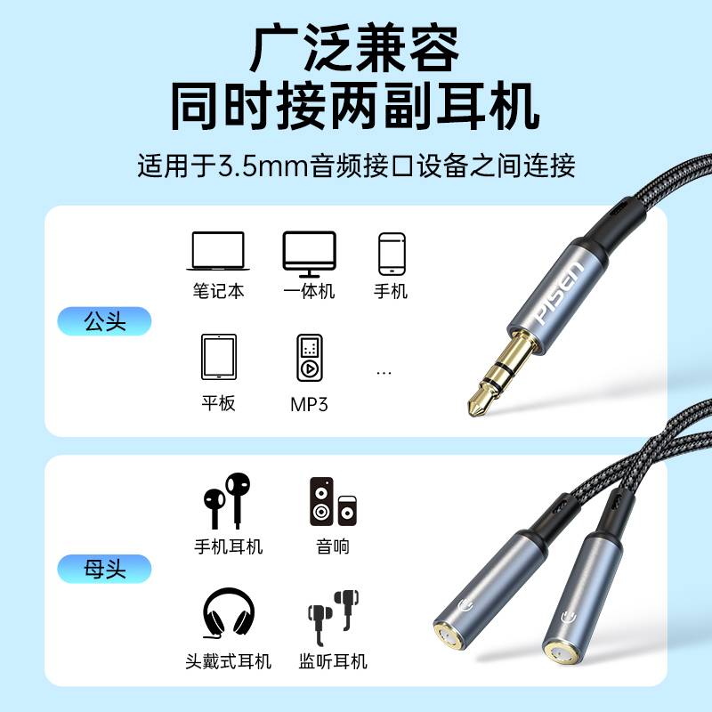 品胜音频线耳机分线器一分二情侣双人aux公转3.5mm母一拖二有线耳机转接头监听分享延长连接线直播音响箱听歌-图0