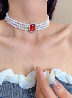 简约法式多层仿珍珠锁骨链项饰甜