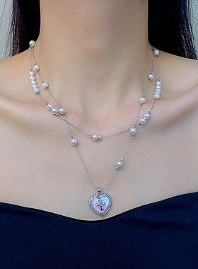 甜美粉色爱心吊坠项链女双层叠戴