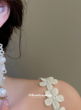 法式水晶串珠花边珍珠耳环项链