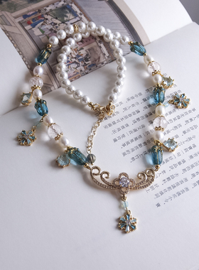 小饰玲珑蓝色锆石项链淡水珍珠贝珠软璎珞锁骨链原创古风百搭配饰