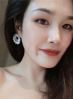韩版明星同款轻奢C形仿真珍珠耳环复古高级感圆形镂空镶钻耳坠