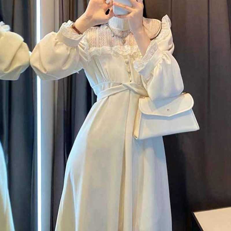 French Lace Vintage Dress Women Fashion Puffer Sleeve Elegan - 图1