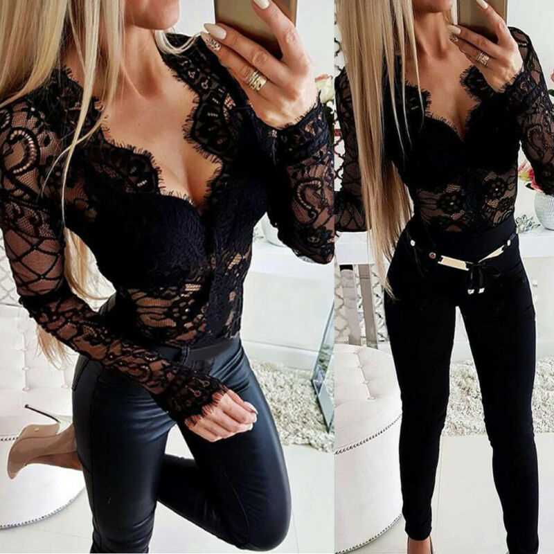 Women Summer Lace Bodysuit Ladies Floral Embroidery Deep V N-图2