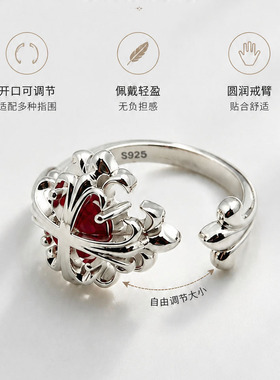 S925纯银红锆石十字鸢尾戒指