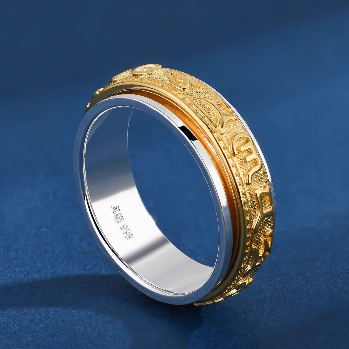 999 sterling silver six-character mantra rotatable gold ring