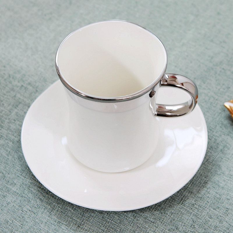 包邮白色釉下彩镀银陶瓷咖啡杯碟套装送瓷勺350毫升大容量杯 瑕疵 - 图1