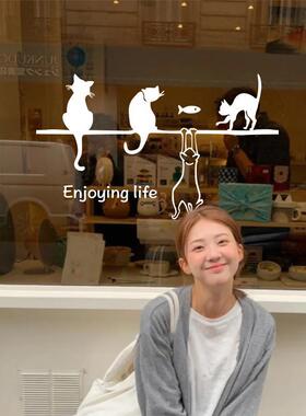 阳台玻璃门防撞贴纸画窗户白色图案移动推拉门墙面ins风猫咪装饰