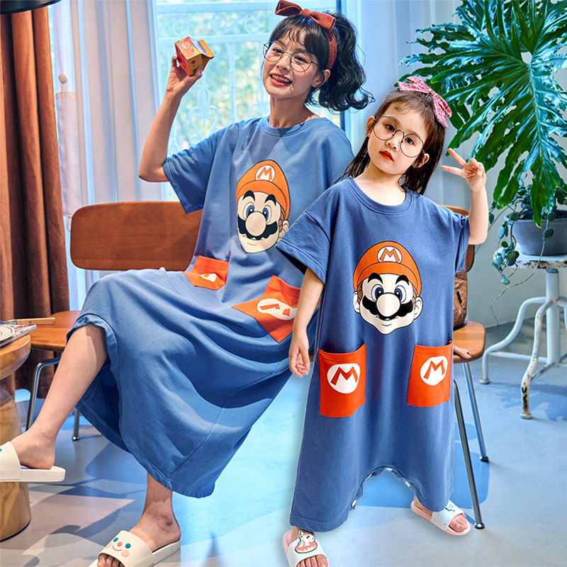 母女连体夏季薄纯棉少女女童空调服 甜雪妮睡裙