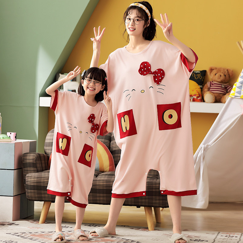 女童连体防踢夏季亲子纯棉短袖哈衣 甜雪妮睡裙