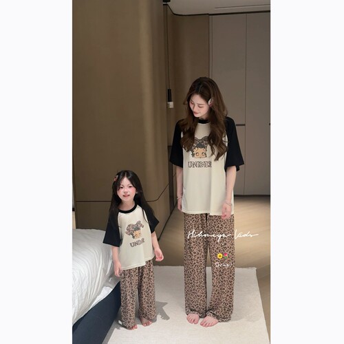 Spring韩国童装2026夏季新款亲子卡通印花天丝睡衣女童家居服套装 - 图1