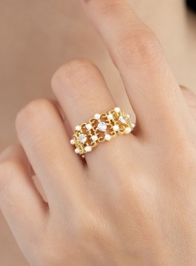 新品蕾丝锆石开口戒指新中式时尚