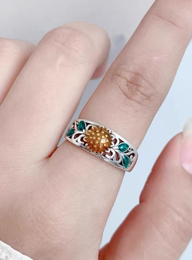 新品向日葵花朵珐琅戒指女生民族