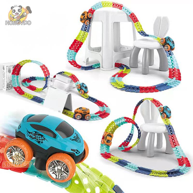 Kids Track Cars For Boys Flexible Track with LED Light-Up Ra