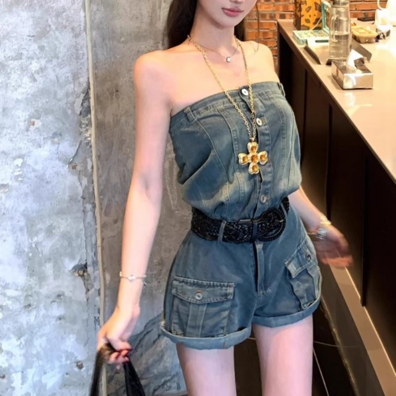 纯欲辣妹风蓝色连排扣连体抹胸牛仔裤女2025夏季复古性感修身短裤,淘宝优惠券,粉丝福利购,淘宝优惠卷