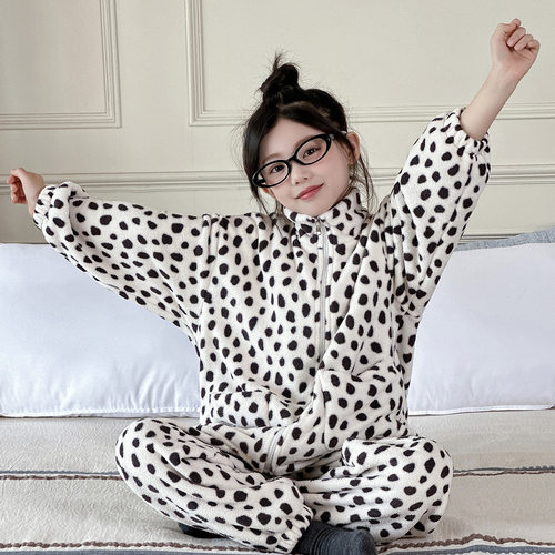 女童睡衣2025大童初中生秋冬加厚珊瑚绒半边绒家居服套装儿童保暖 - 图0