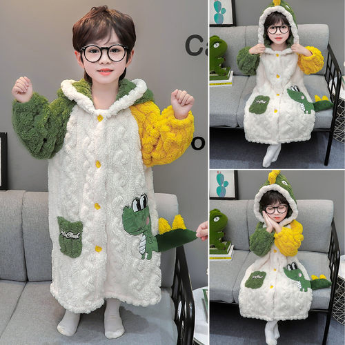 儿童睡袍男童冬季法兰绒睡衣宝宝长款连帽防着凉浴袍恐龙居家浴衣 - 图1