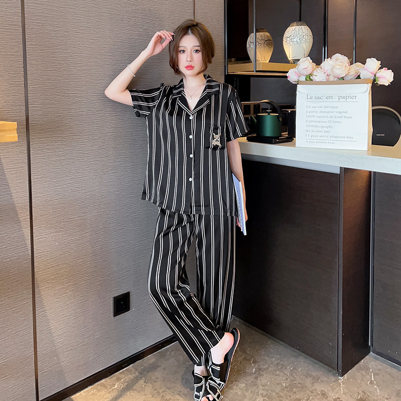 条纹刺绣冰丝2023高级感春秋款睡衣 罗米顿睡衣/家居服套装