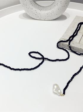 超长黑色仿珍珠人造水晶项链