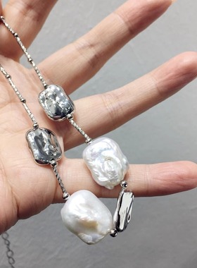 法式复古气质优雅不规则仿巴洛克珍珠金属方块几何项链锁骨链颈链