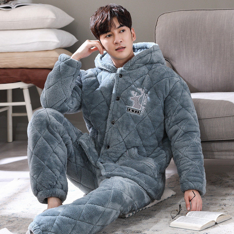 男秋冬季珊瑚绒加绒三层夹棉睡衣 索妮洁睡衣/家居服套装