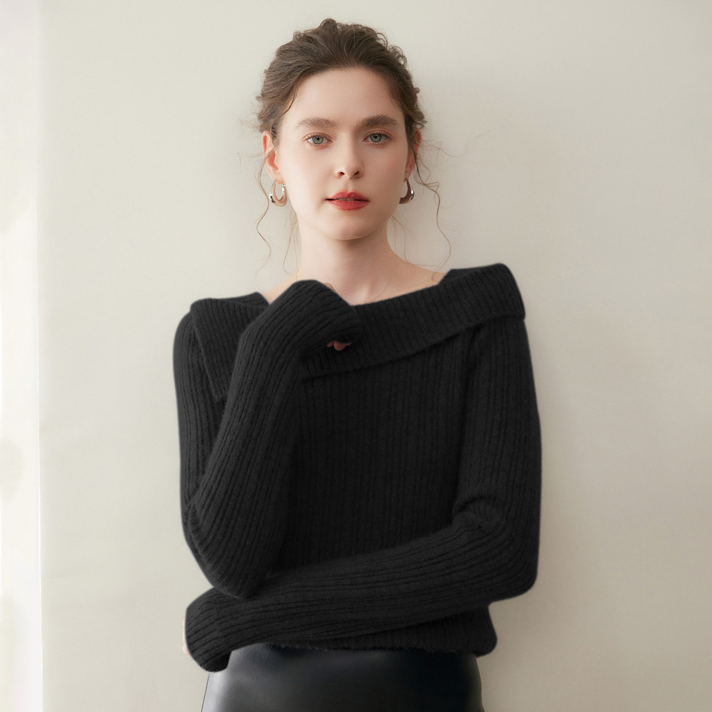 亲肤柔软~100%纯山羊绒女一字肩修身坑条针织上衣时尚百搭毛衣,淘宝优惠券,粉丝福利购,淘宝优惠卷