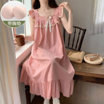 Harness Sleeping Skirt Woman Summer 2023 New Pure Cotton Pink Princess Wind Sweetness With Chest Cushion Small Flying Sleeve Pregnant Woman Pyjamas