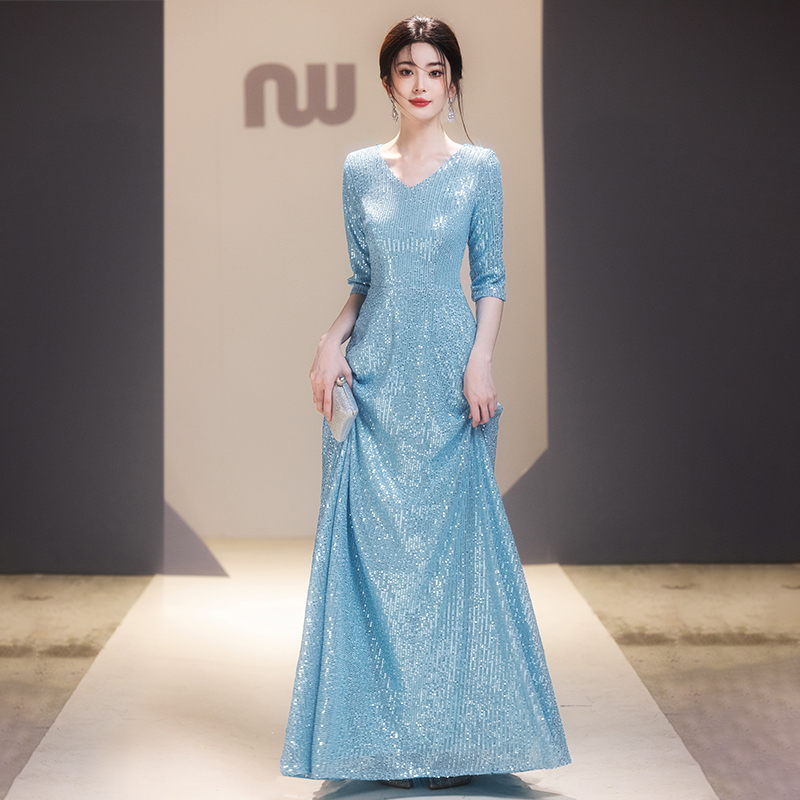 大合唱团演出服亮片女2024新款宴会主持人朗诵成人晚礼服装长裙 - 图1