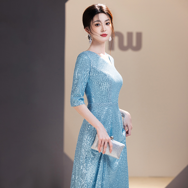 大合唱团演出服亮片女2024新款宴会主持人朗诵成人晚礼服装长裙 - 图0