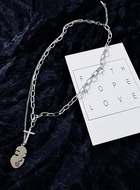 欧美潮牌人脸吊坠双层项链