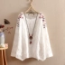 Áo thun cotton trắng và vải lanh nữ ngắn tay mùa hè mới rộng kích thước lớn thêu retro áo dài tay cotton chạm đáy áo sơ mi - Áo phông