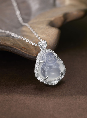 天然翡翠镶钻佛像吊坠银链项链