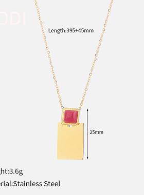 欧美跨境新品简约天然石方块吊坠项链女简约镀金不锈钢O字链项链