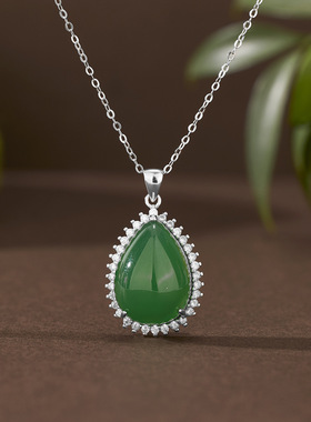 冰种阳绿翡翠水滴925银项链女